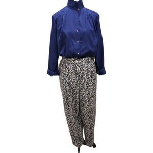 90s Vintage Floral Tapered Pants Womens Small Navy Blue Pink Pleated High Waist